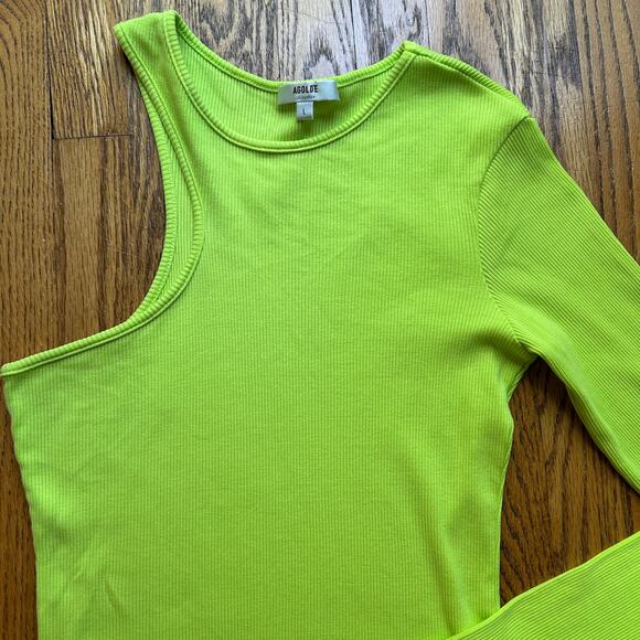 AGolde Bea Asymmetric Cutaway Thong Bodysuit Lime Green Thumb Hole Size Large - Picture 6 of 16